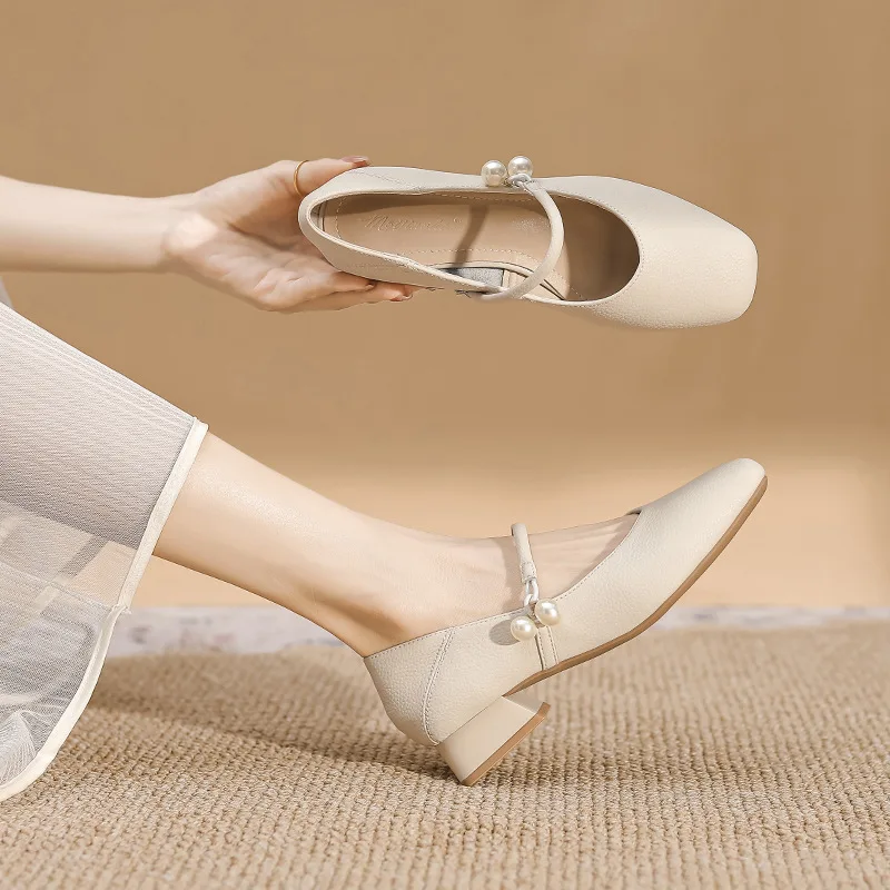 

Soft Leather Mary Jane Shoes for Women Square Head Low Heel Fashion Single Shoes Spring New Style Retro Slip-On Daily Wear