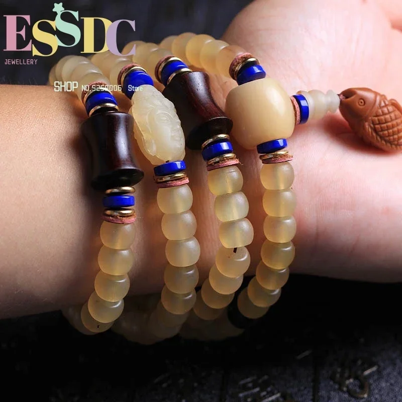 Tibetan Selected Natural Sheep Horn Polish 108 Mala Bucket Beads Prayer Necklace or Bracelet Dropship