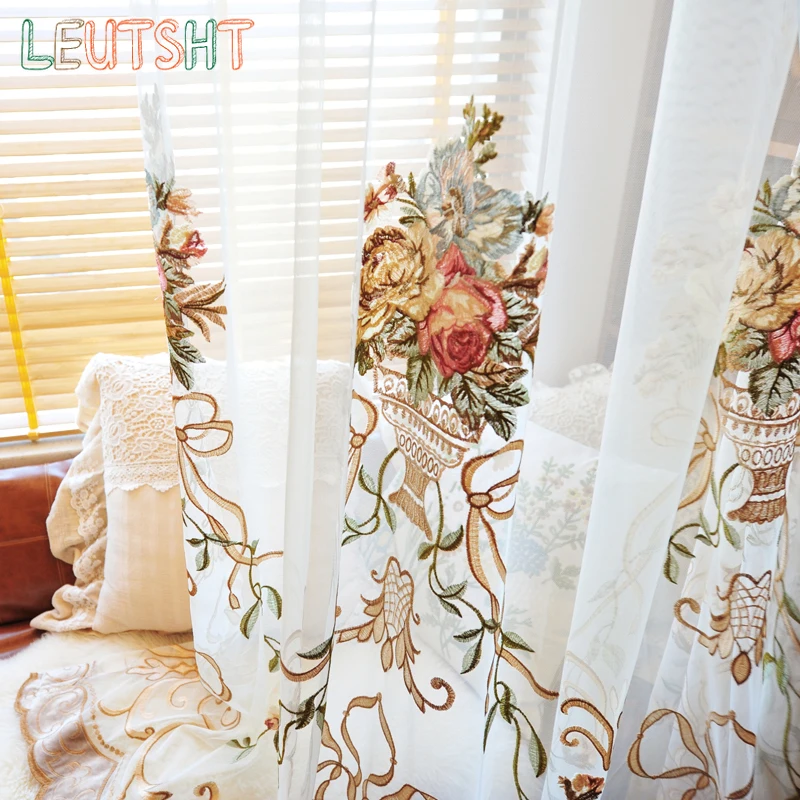 Custom Size Window Screen Embroidery in European and American Villa Living Room Embroidered Tulle Wedding Decoration