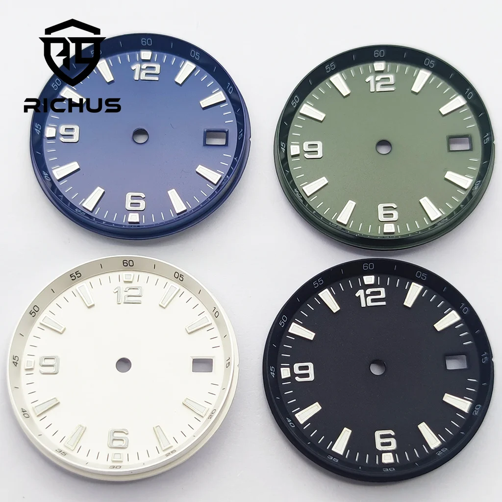ساعة RICHUS 31 ملم بيضاء معقمة بمينا أخضر مضيء مناسب لحركة NH34 NH35 NH36