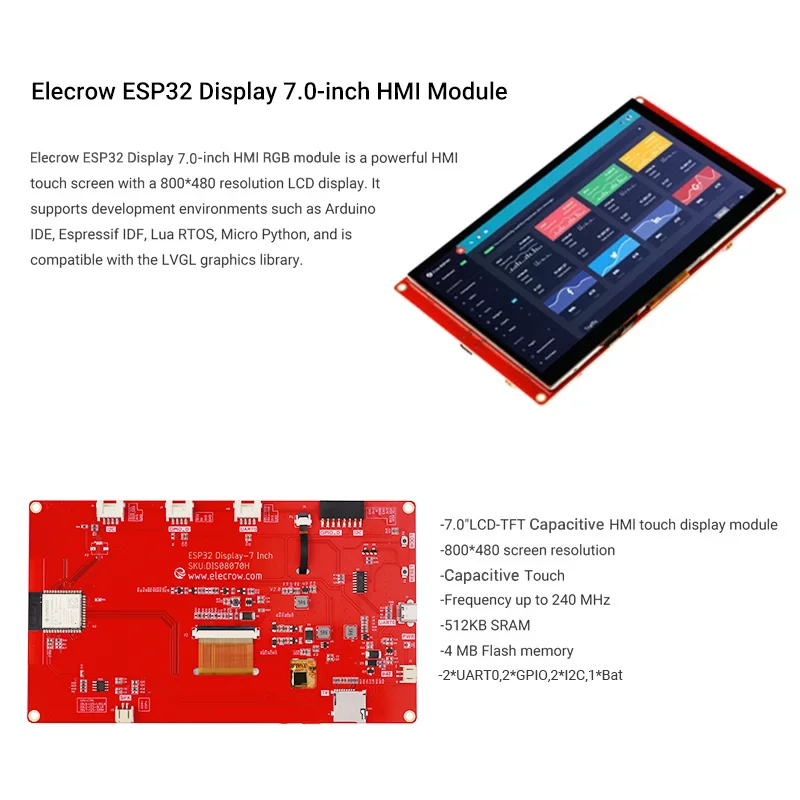 CrowPanel- 7.0 Inch Smart Graphic 800x480 RGB SPI TFT LCD Module Touch Screen Display ESP32 for Arduino MicroPython