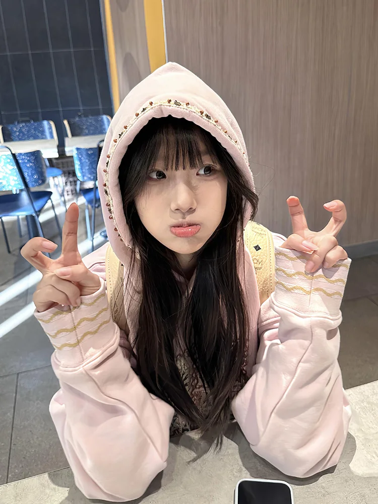 

American Retro Embroidered Hoodie Women's Spring New Loose Casual Versatile Trendy Brand Outerwear Sweet Sle Long Sve