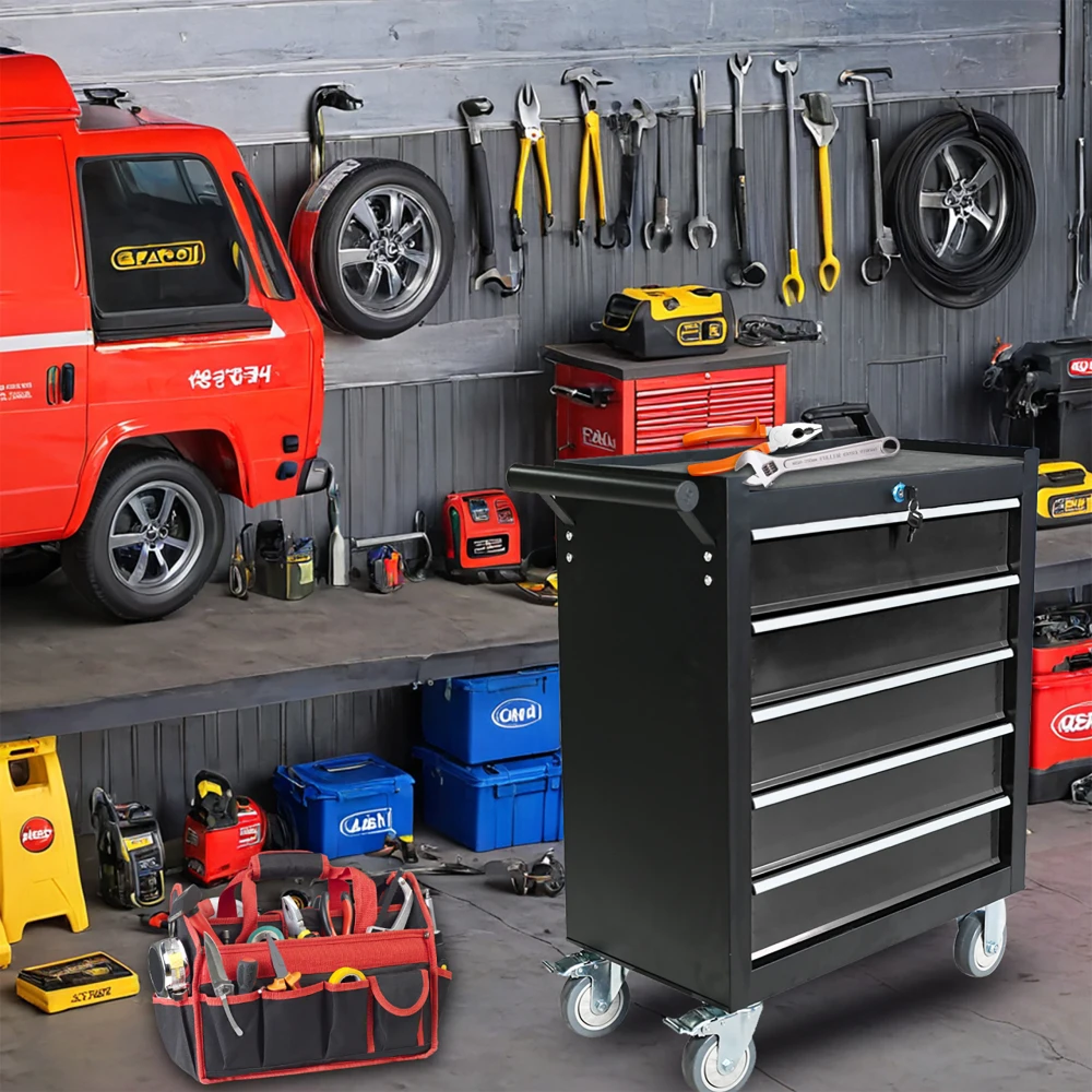 

5-drawer metal rolling tool cabinet, storage toolbox with brake wheels, toolbox with lock, suitable for warehouses