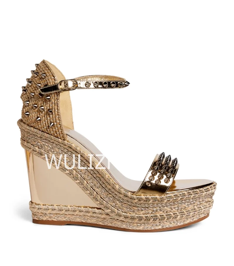 

Women Bling Gold Stud Wedge Sandals Espadarille Metallic Hollow Buckle Design Shoes Open Office Bordered Luxury Gladiator Summer