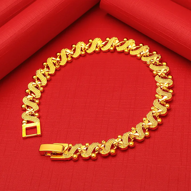 XT Fashion 24K Real Gold Color Bracelet 8mm Wide For Women Men\'s Elegant Gold Plated Chain Bracelets Jewelry Gifts 18.5cm