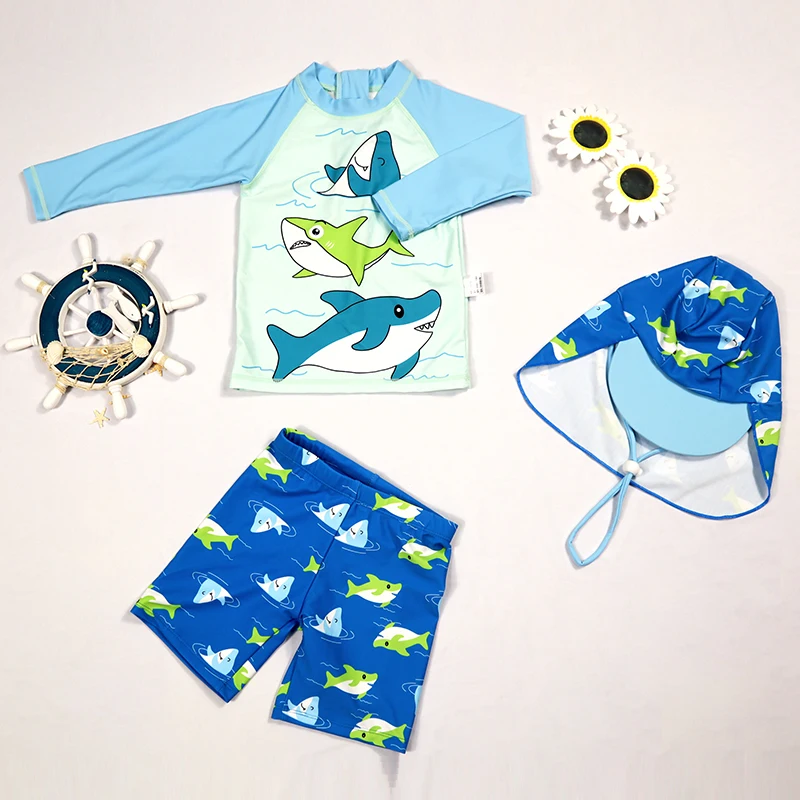 Boys Aged 3 to 14 Three piece Swimsuits SwimwearBathing Suit Cute Shark Long Sleeve Hot Spring Suit Swimming KidsSport Beachwear