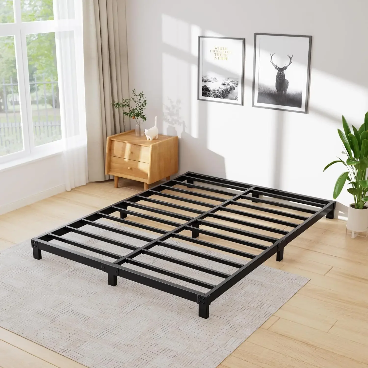 Frame - 4 Inch Platform Low Bed Frame, 3600lbs Heavy Duty Metal Bed Frame, Queen Bed Frame No Box Spring Needed - Easy