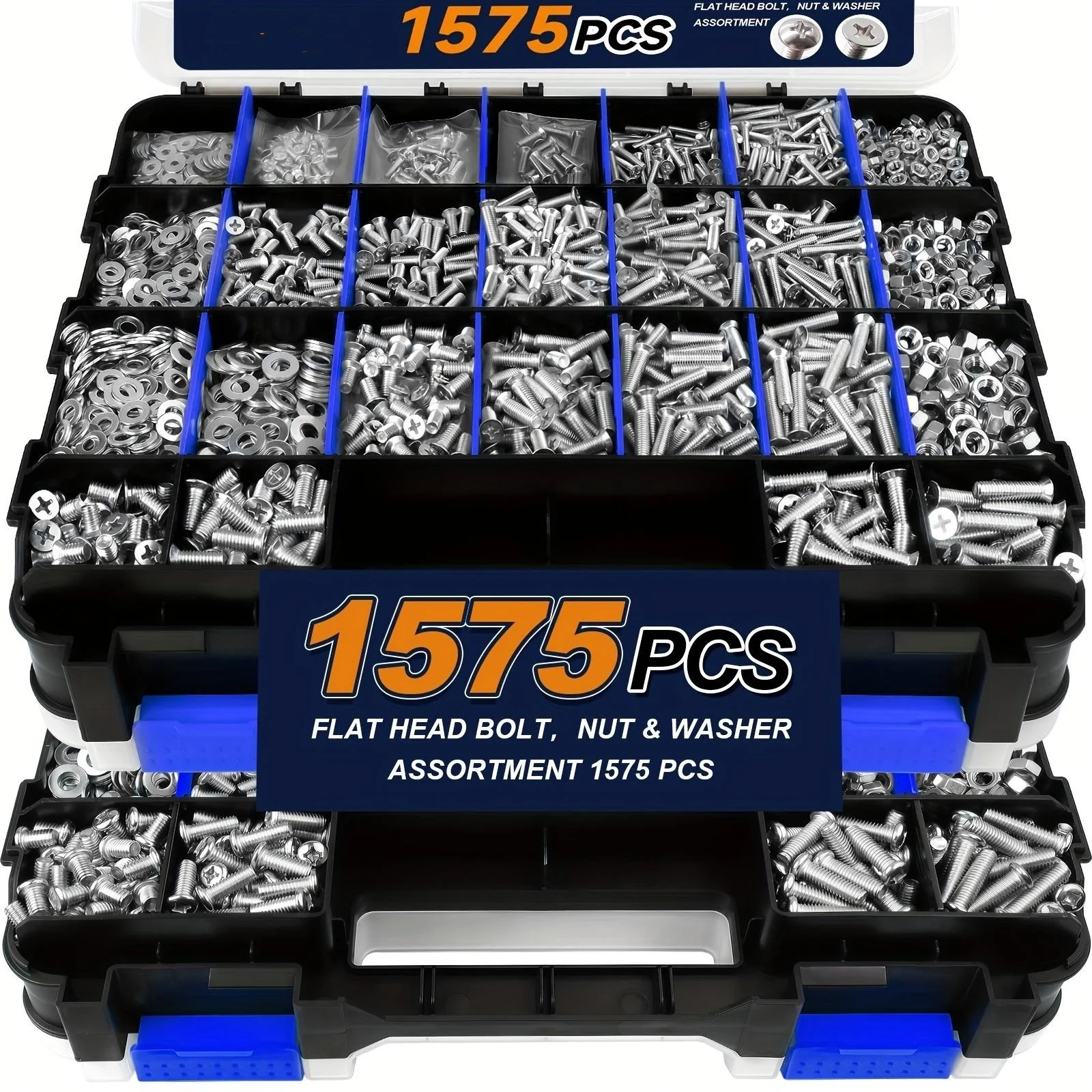 1575Pcs 304 Stainless Steel Screw Nut Washer Assortment Kit, Flat & Pan Head Screws with Double‑Sided Storage Box
