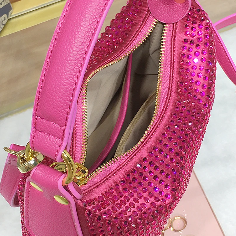 Shiny Rhinestone Hobos Evening Bags For Women Luxury Designer Handbags Purses 2023 New In Fashion Rose Red Shoulder Crossbody