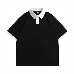 200 Grams Japanese Loose Polo Shirt Cotton Drop Shoulder Color Contrast Lapel Short Sleeved Tees