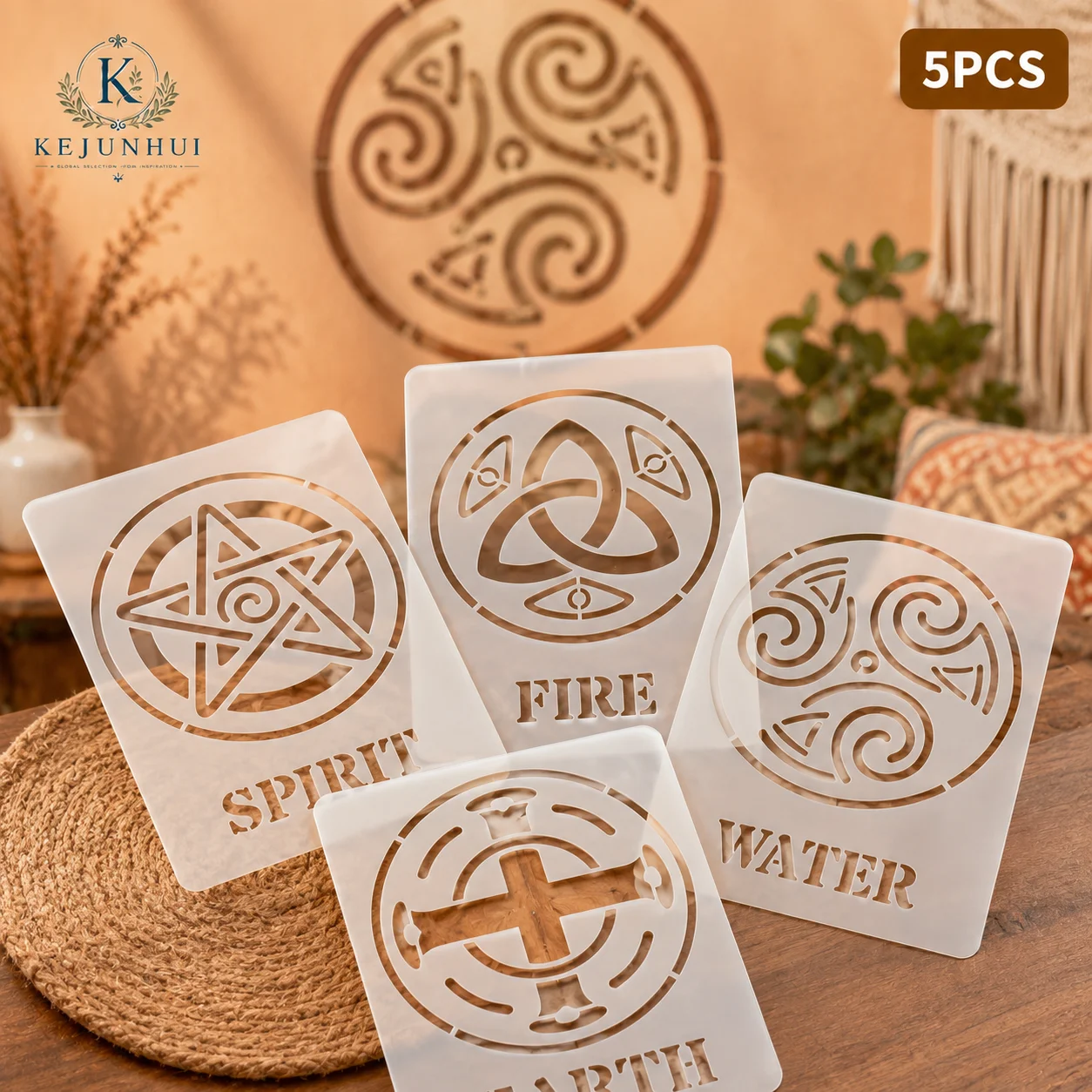 5Pcs A5 5.8x8.2in Five Elements Stencils Reusable PET Stencils for Painting Spirit Fire Water Earth Air Wall Wood Fabric Decor