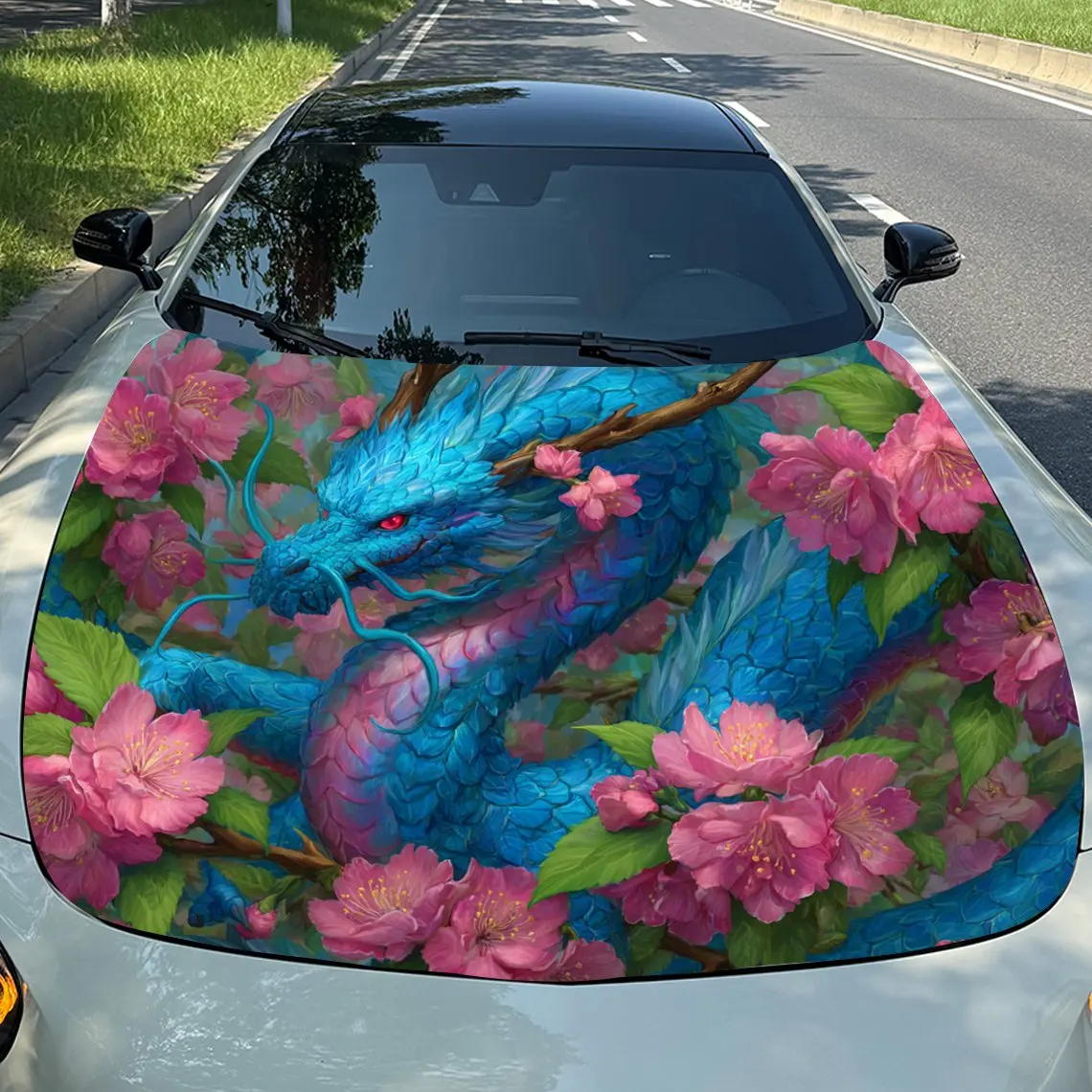 

The Blue Dragon In The Flowers Hood Decoration - Self-Adhesive Car, Motorcycle, Truck Hood Stickers - Easy Application & Removal