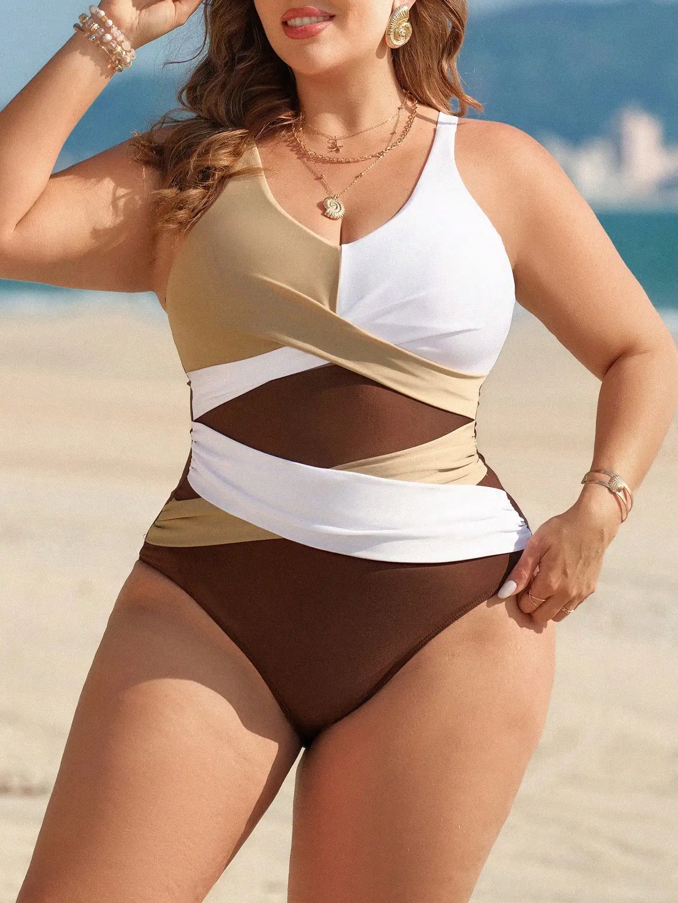 Plus Size Women One Piece Swimsuit Color Block Beach Vacation Swimwear