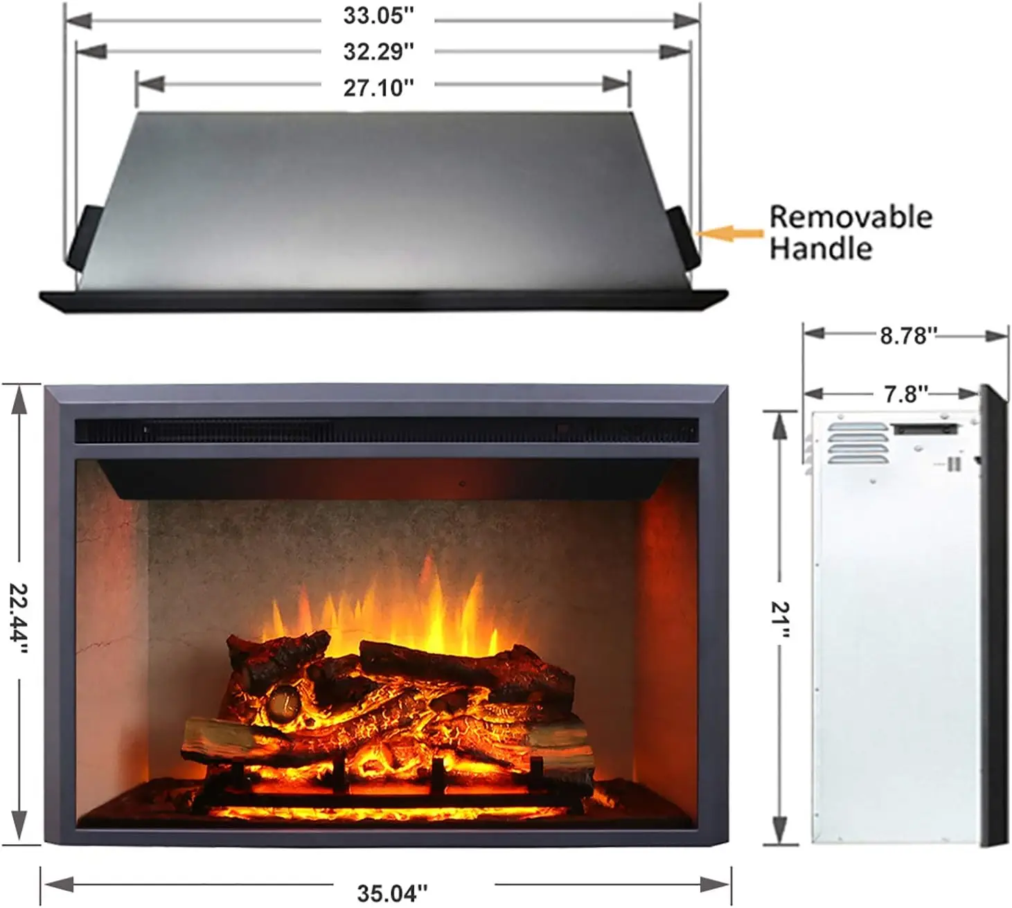 Edward Electric Fireplace Insert with Weathered Concrete Interior, Fire Crackling Sound, Remote Contr