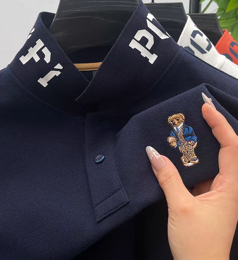 العلامة التجارية الفاخرة قميص بولو رجالي التلبيب الدب التطريز طباعة طويلة الأكمام 100 القطن تي شيرت الخريف الأعمال موضة رائعة الرجالية #3