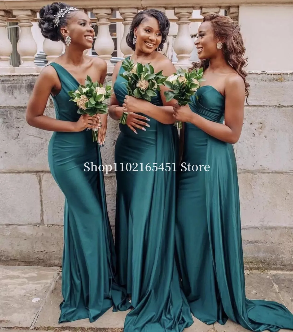 Hunter Teal Blue Mermaid Bridesmaid Dresses One Shoulder Black Girls Bohemian Beach Junior Maid of honor Wedding Guest Gown