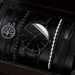 5PCS Fashion scale black quartz Watch bracelet Men's Business casual round watch Life Tree PU leather bracelet set