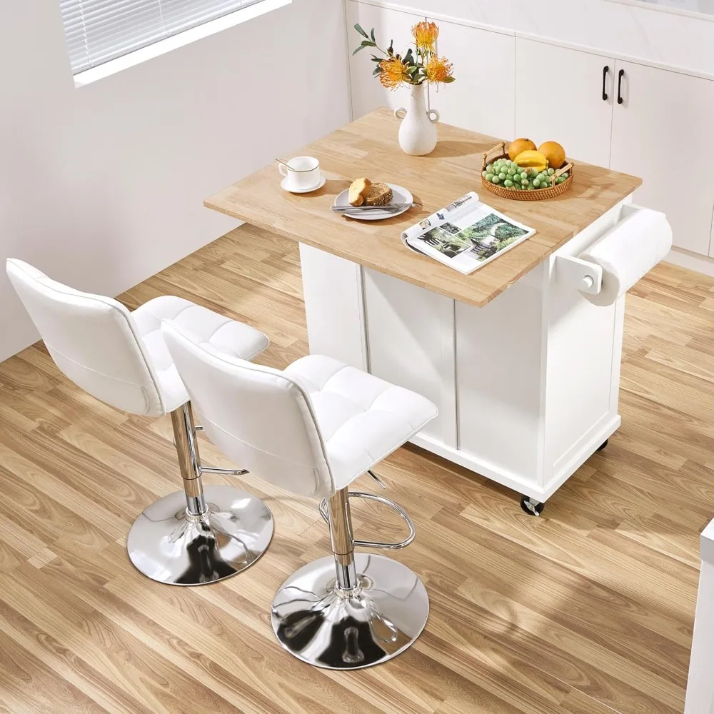 عربة جزيرة المطبخ المتدحرجة مع أوراق متدلية، وبار إفطار من الخشب المطاطي المحمول مع خزانة تخزين، وأرفف مفتوحة #2