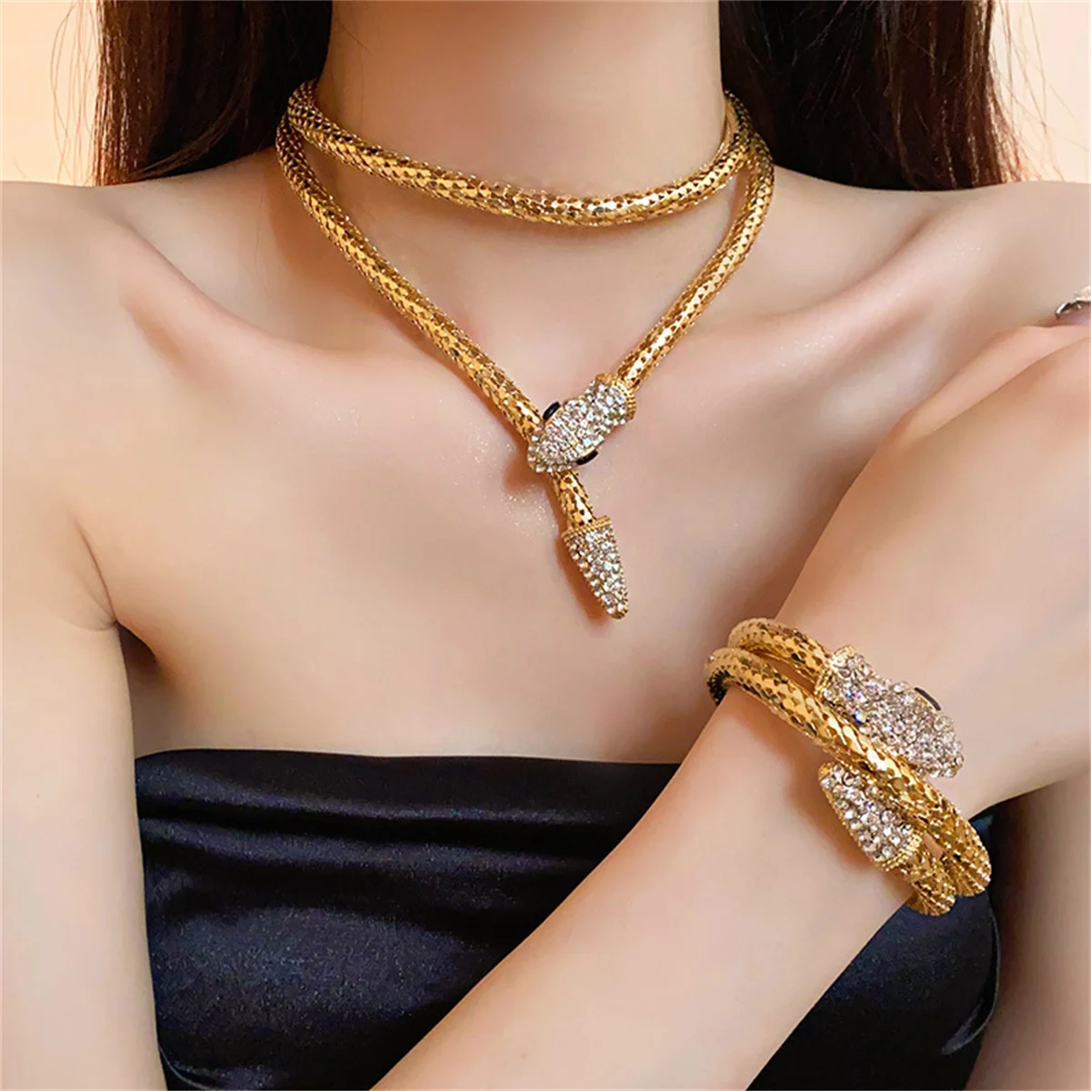 FYUAN-collar de serpiente de Color dorado para mujer, pulsera, conjuntos de joyería de fiesta con diamantes de imitación