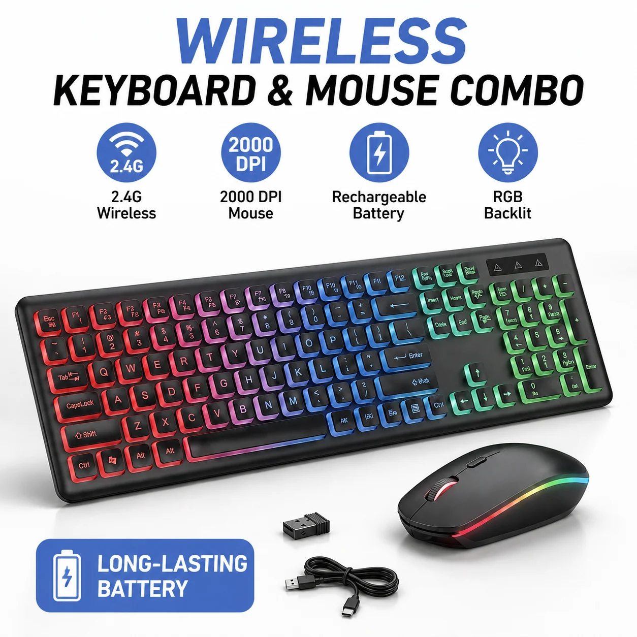 Rechargeable RGB Wireless Keyboard and Mouse Combo Ergonomic Backlit Keyboard Set With 2.4G USB Receiver For Laptop Office Home