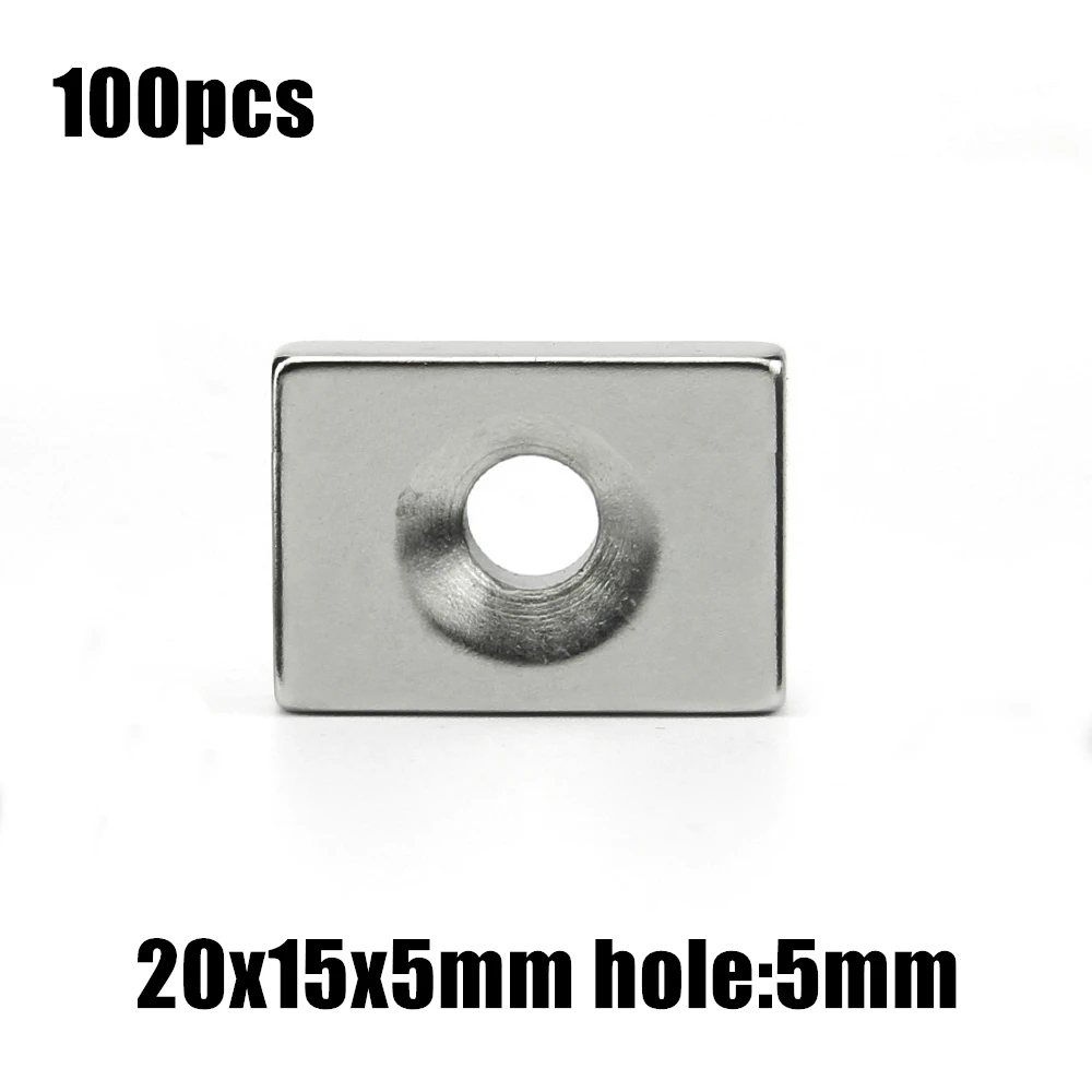 100pcs 20x15x5mm hole:5mm Block NdFeB Neodymium Magnet N35 20x15x5-5 mm Super Powerful Permanent Magnetic