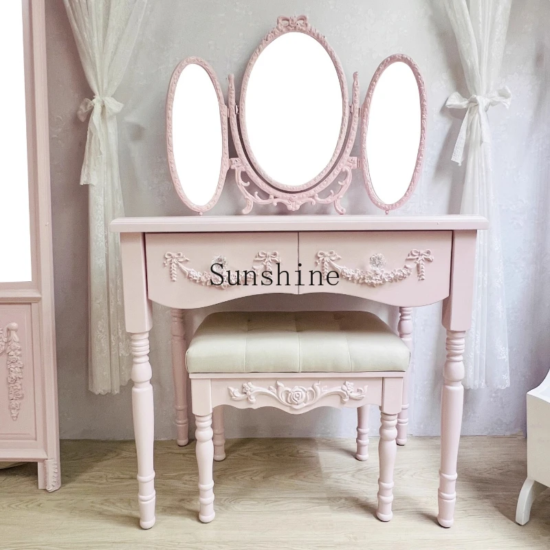 

French retro solid wood dresser small apartment pink princess style desk simple and modern