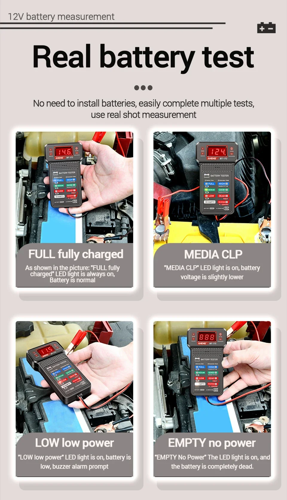 ANENG BT-172 12V Autobatterietester Testclip Farbige LED-Anzeige Rückwärtsanschluss Summer-Alarm Auto-Batterie-Diagnosetool – Detail 9