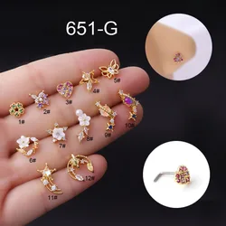 1PC Colorful L S Shaped Mini Nose Studs Stainless Steel Flower Cubic Zirconia 20G Nostril Bone Screw Indian Nose Ring Piercing