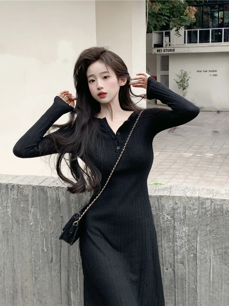 2024 Vestidos De Mujer Maxi Dresses Women Knitted Tunic Solid Color Robe Femme Single Breasted Bodycon Autumn Y2k Vintage Dress