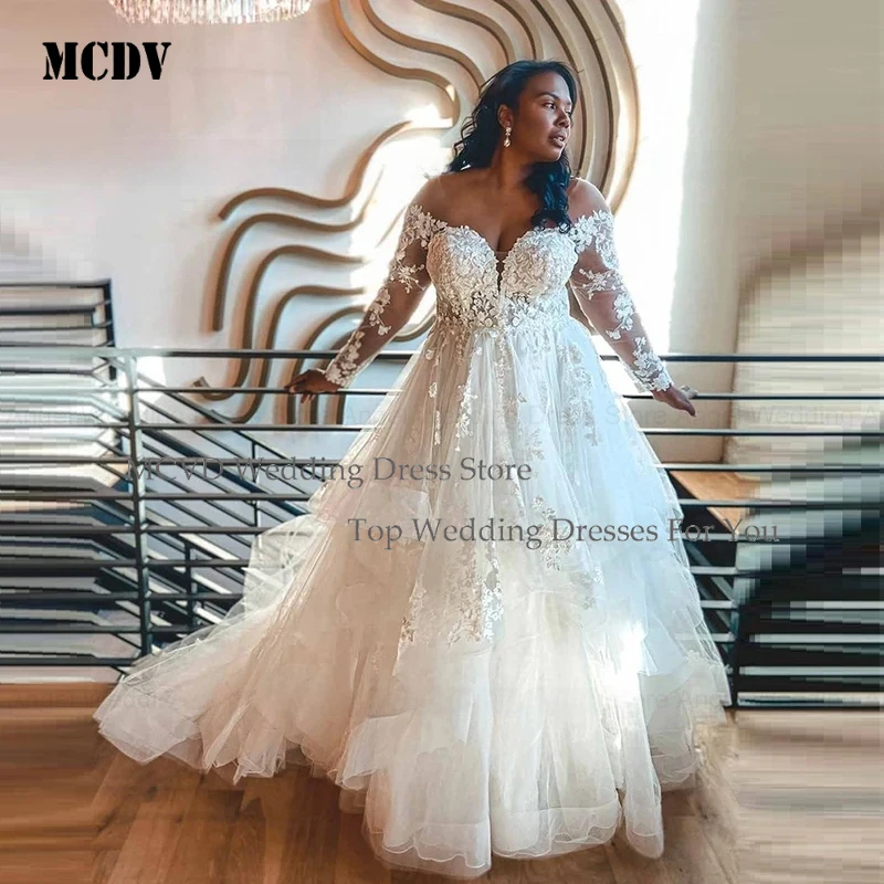 

MCDV 2025 A-line Tulle Lace Appliques Wedding Dresses for Plus Size Women Long Sleeves Customized Bridal Gowns
