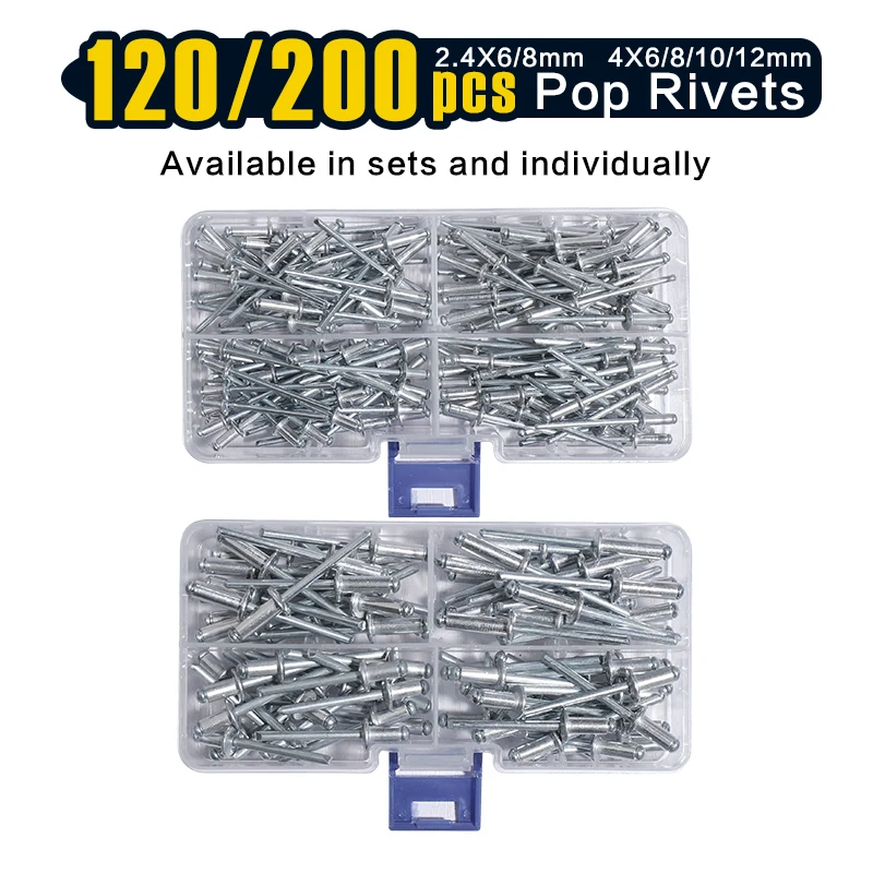 مجموعة متنوعة من مسامير البوب 120/ 200 قطعة، 14 مقاسًا من المسامير الألومنيوم العمياء (3/32 بوصة 1/8 بوصة 5/32 بوصة 3/16 بوصة) مسامير أعمى متنوعة #1