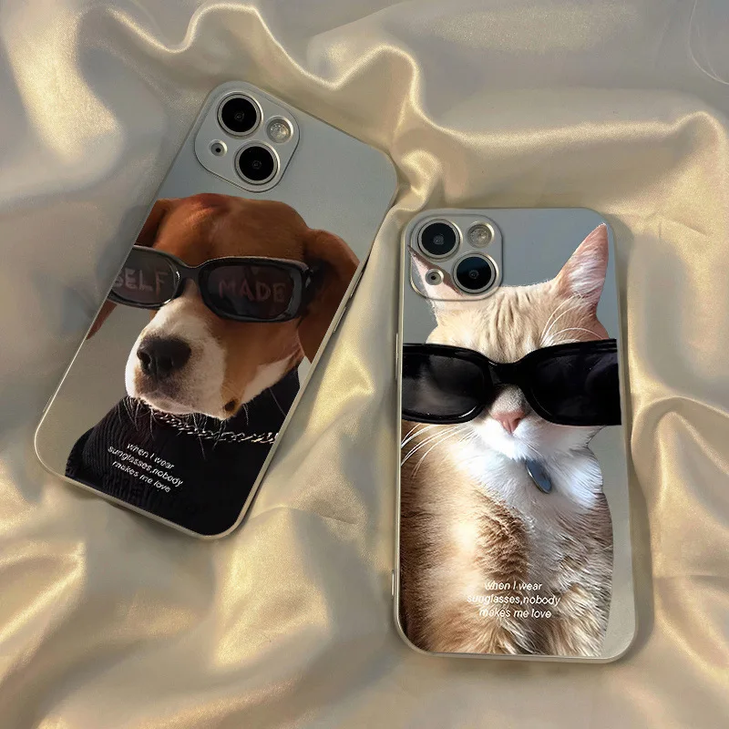 Funny Sunglasses Dog Cat Phone Case for IPhone 11 13 14 15 16 Pro Max 12 Mini XR XS MAX X Cute Couple Shockproof Back Cover