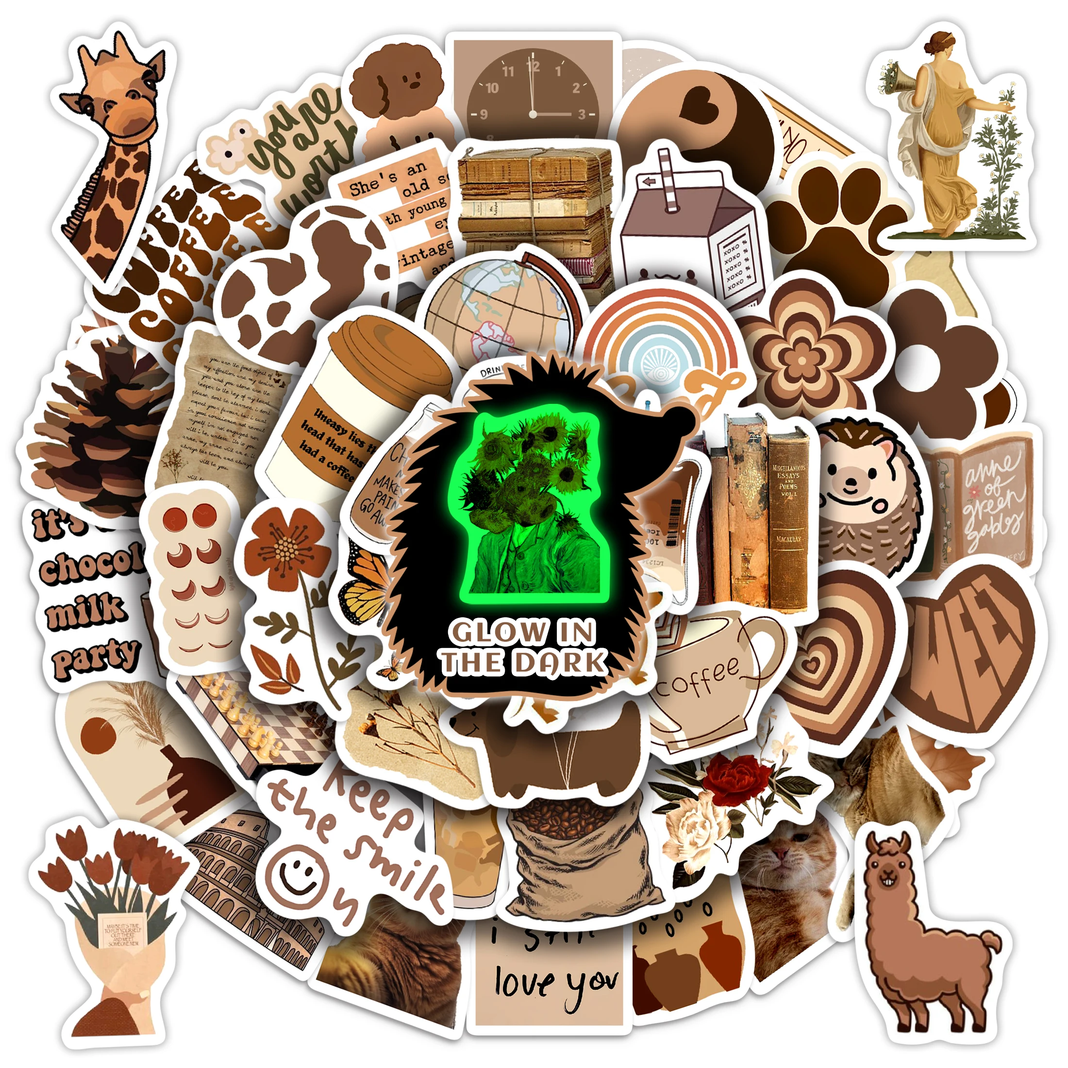 

50 Pcs Glow in The Dark Brown Cute Water Bottle Stickers for Kids, Vintage Aesthetic Bohemian Laptop Decals, Teens Adults