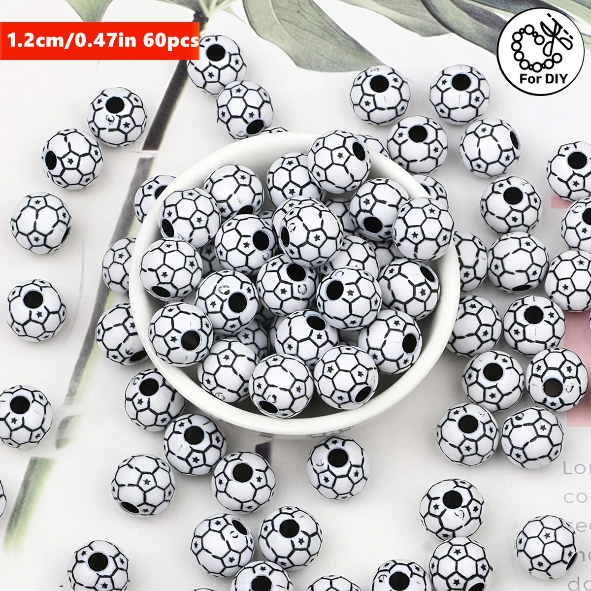 60pcs 12mm Spherical Acrylic White Football Beads Suitable for DIY Making, Necklace & Bracelet Crafts, Compatible Beads