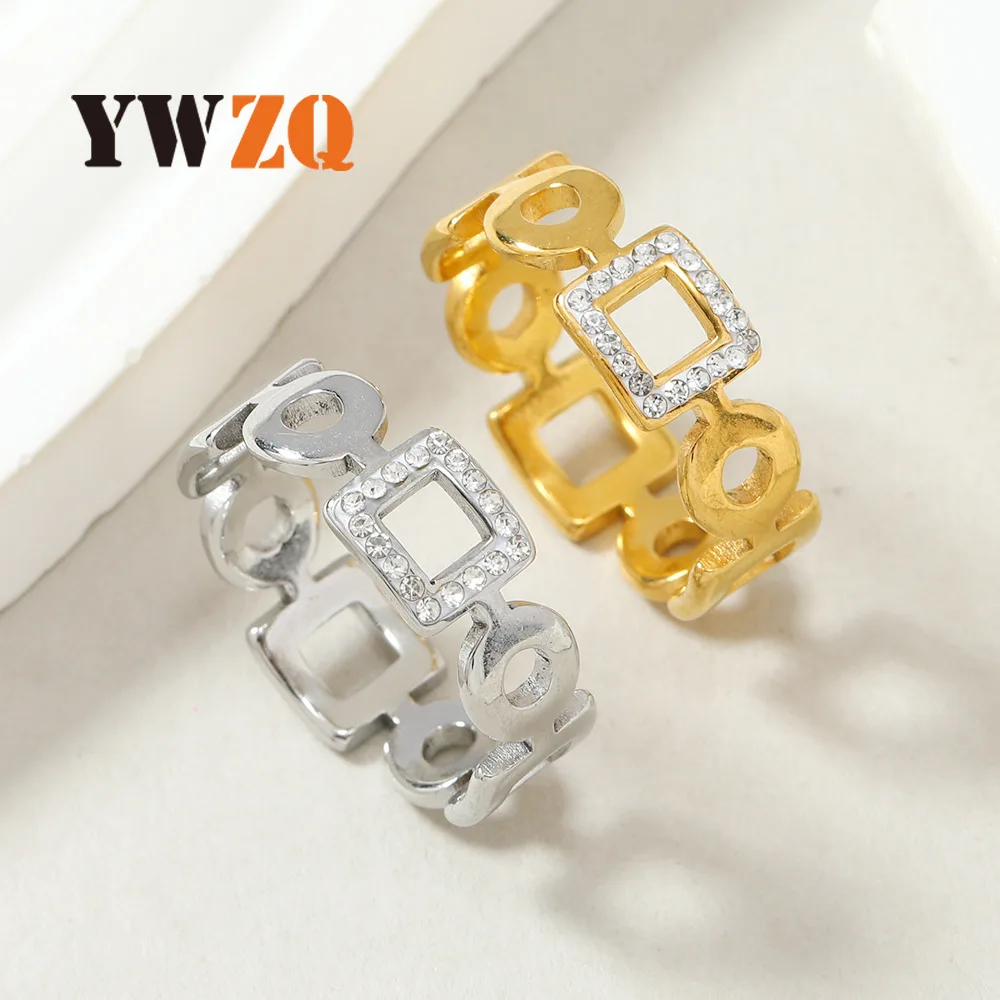 1pcs Hot Selling Multi Size Stainless Steel Light Luxury high-end Sense Carved Square Circular Diamond Inlaid Ring Fashion Ring