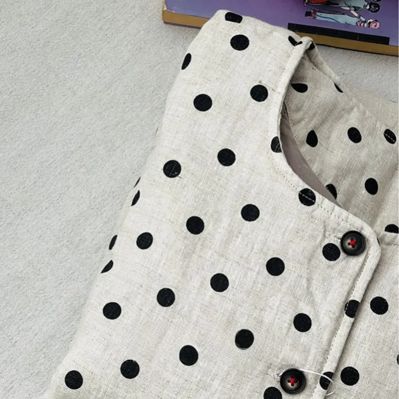 

Retro Artistic Cotton Jaet Women's Autumn Winter round Ne Print Linen Warm Coat Sli Personali Polka Dot Design