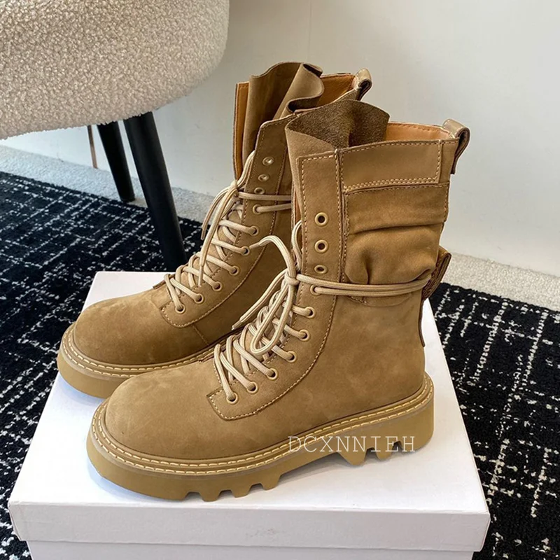 Bota feminina de camurça, biqueira redonda, plana, sola grossa, amarrada em cruz, com renda, estilo britânico, sapatos de trabalho curtos para criança, outono e inverno