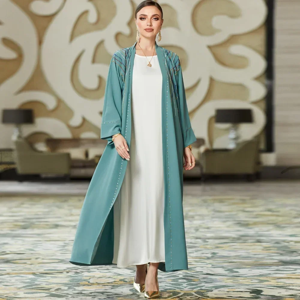 Imagem -04 - Abayas Abertas para Mulheres Broca de Costura de Mão Vestido Muçulmano Kaftan Roupas Islâmicas Vestido Feminino Muçulmano Dubai Turquia Islã