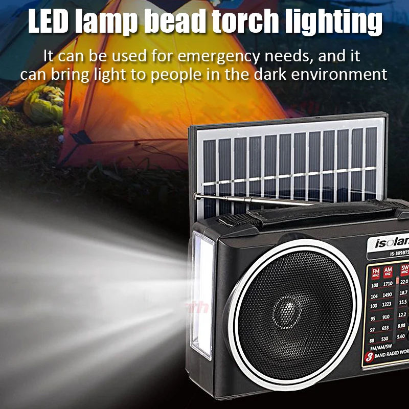 휴대용 FM AM SW 태양광 충전 라디오, 멀티 밴드 비상 라디오, 리시버 강력한 블루투스 스피커, 손전등 USB 포함, 1 개