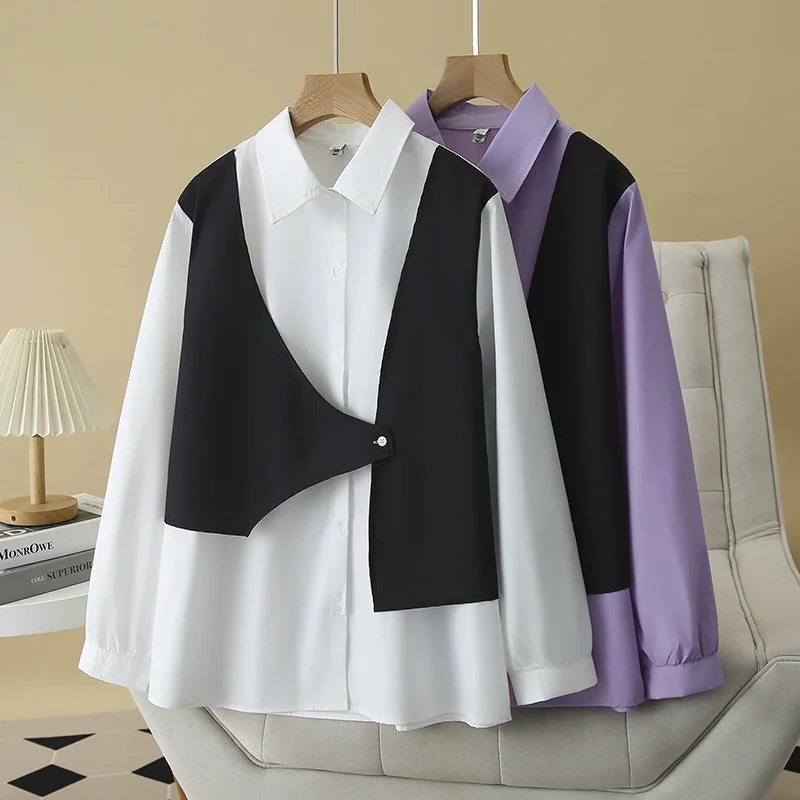 Весенние женские блузки больших размеров, новинка 100 кг, стильная повседневная рубашка из двух частей с длинными рукавами блочного цвета, топ