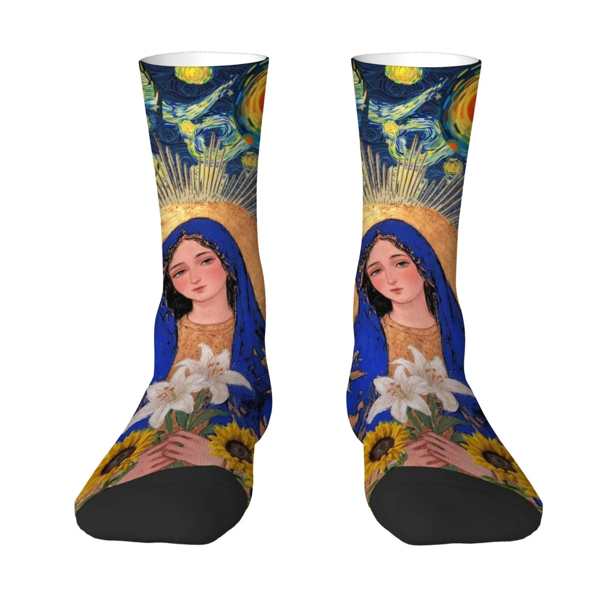

Носки до середины икры с принтом Девы Марии Ван Гога, мягкие теплые компрессионистские носки с лилиями и подсолнухами, художественный литературный стиль