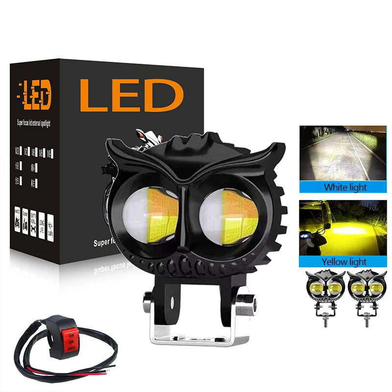 

1Pc Led Motorcycle Owl Spotlights High and Low Beam Front Fog Lights Dual-Color External Electric Vehicle Modified Headlights