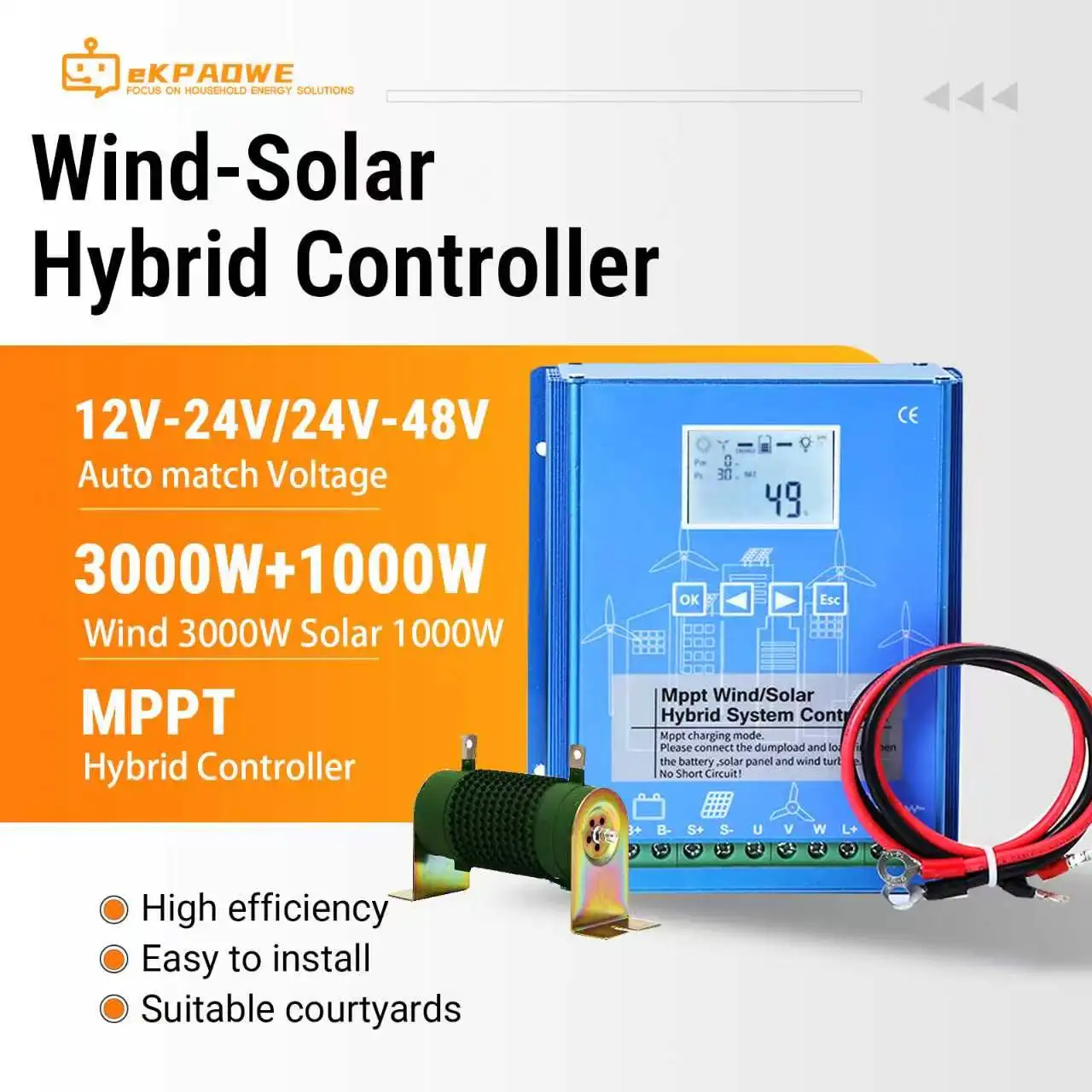 Hybrid-MPPT-Regler für netzunabhängige Stromversorgungssysteme mit Display, 12V 24V 48V, Windkraft 3000W, Solarenergie 1000W, aus einem Lager in Polen.