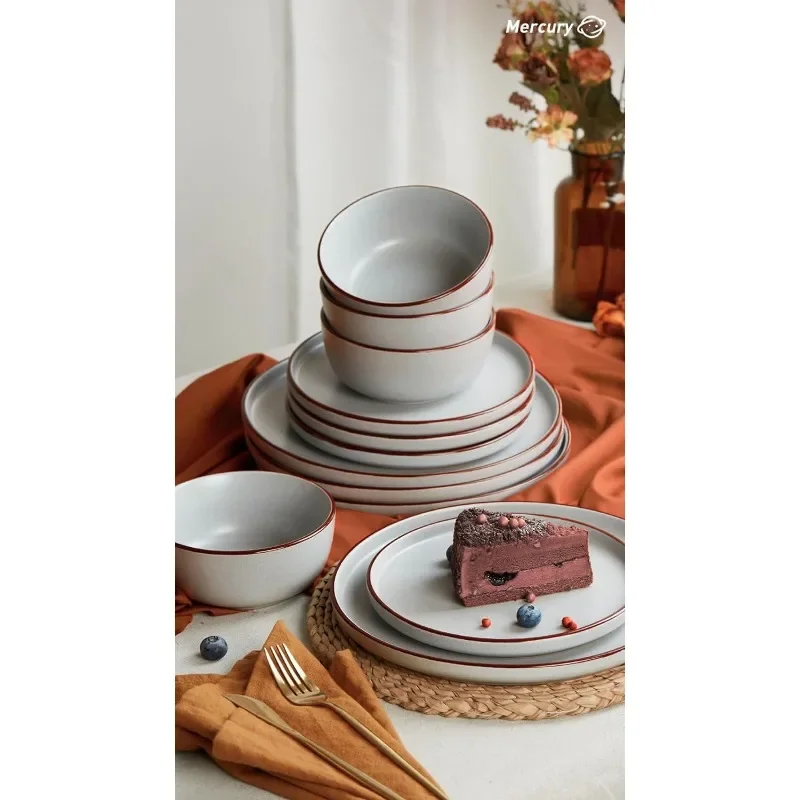 Mercury Plates and Bowls Sets, 12 Pieces Stoneware Dinnerware Sets, Dishes Set for 4, Microwave and Dishwasher Safe, Charcoal