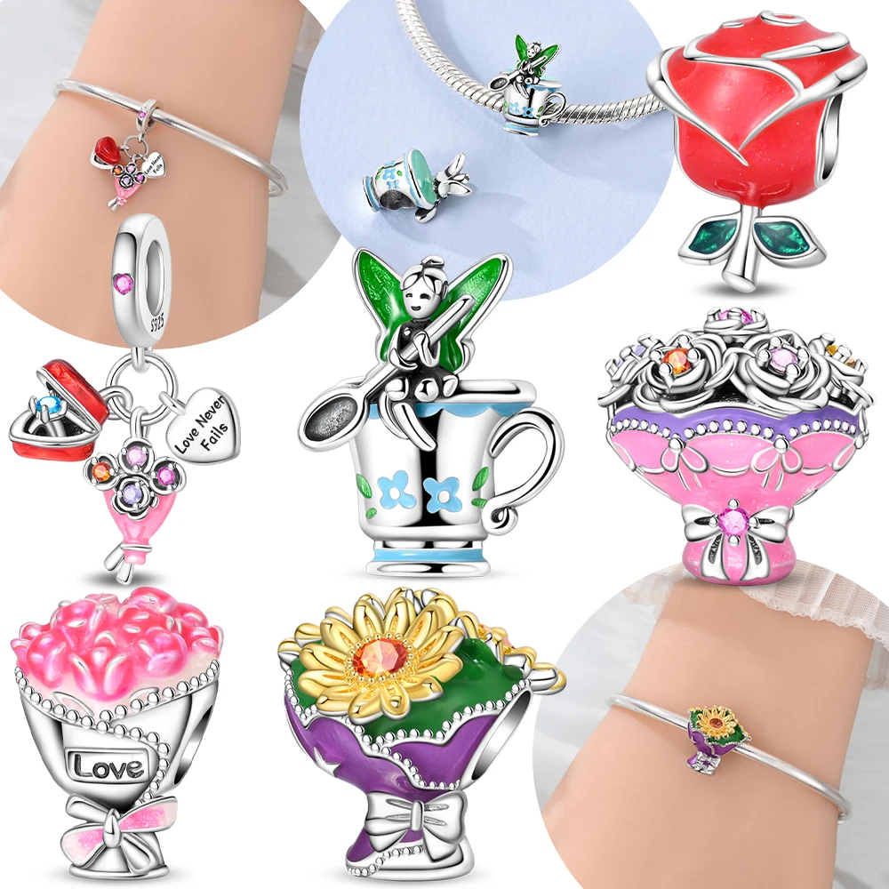 

Оригинальный серебро 925, розовые розы, подсолнухи, тюльпаны, цветок, дух, подвески, бусины, подходят для браслета, женский браслет, сделай сам, изысканный подарок на день Святого Валентина, ювелирные изделия