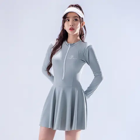 여성용 긴팔 원피스 래시가드 서핑 수영복, 섹시한 한국 수영 원피스, 세트 속건성 비치웨어, 2024