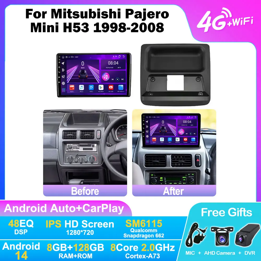 Autoradio Android 14 pour Mitsubishi Pajero Mini H53 1998-2008 9" Carplay Auto GPS Navigation Lecteur Multimédia Intelligent 8 Cœurs