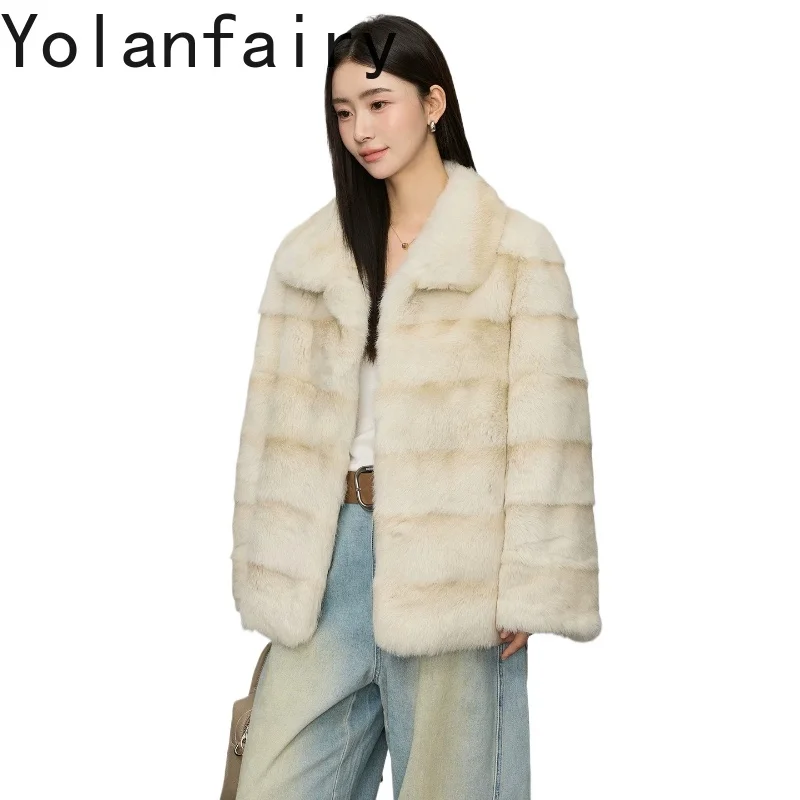 YOLANFAIRY100% Real Fur Coat Woman Luxury Winter Natural Rabbit Fur Jacket Ombre Color Full Pelt Fur Coats Women Furry Outerwear