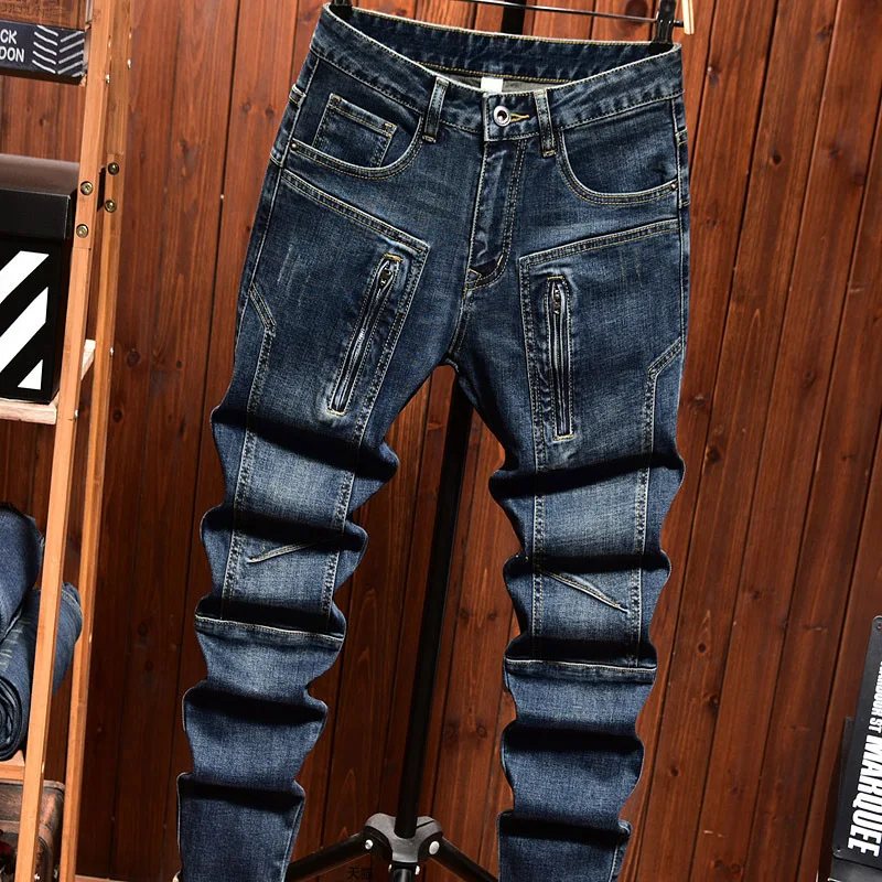 New high-end motorcycle jeans MEN'S slim fit straight leg elastic fashion brand zipper washed blue casual biker denim pants