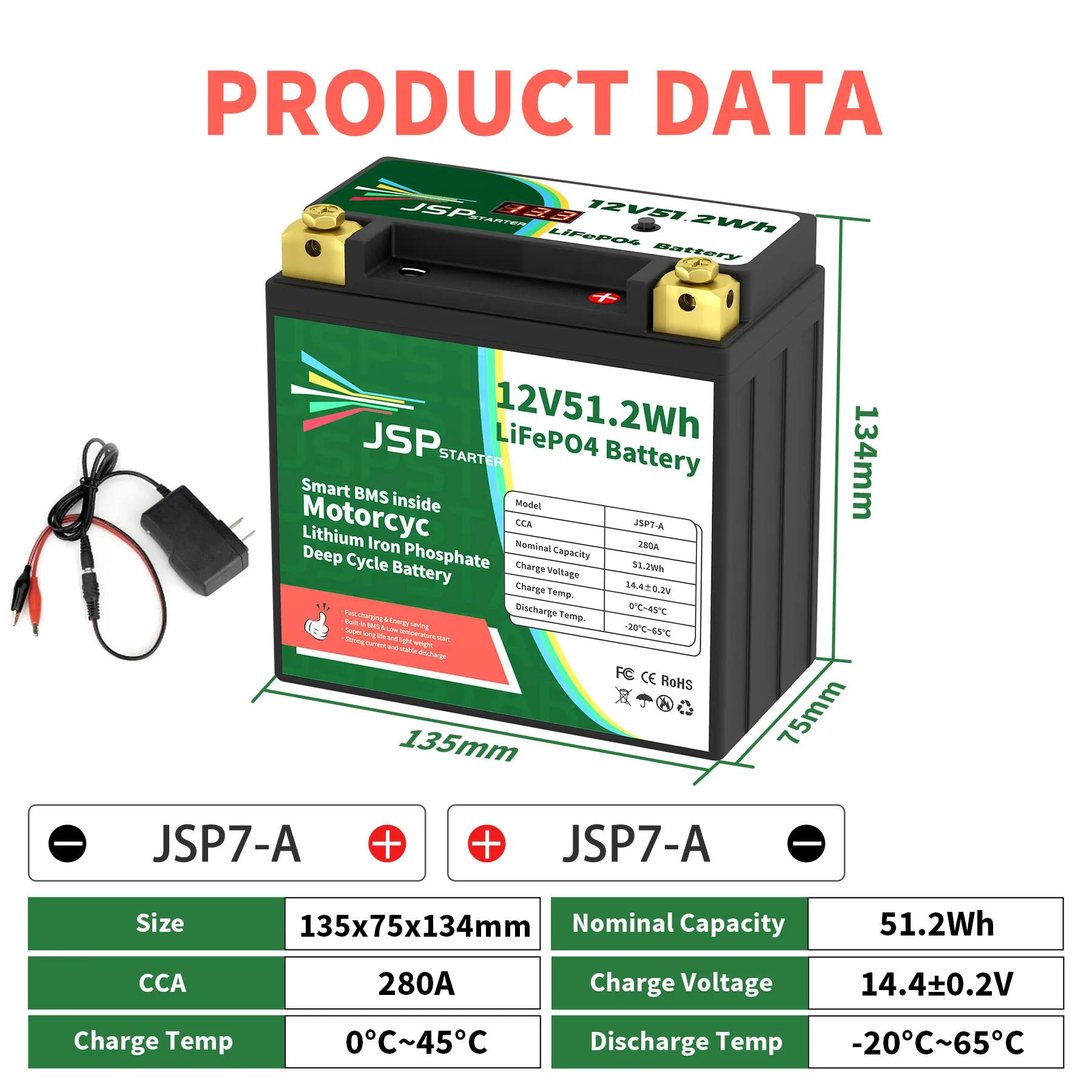 

JSP7-A 12.8V 51.2Wh CCA 280A BMS Motorcycle Start Battery 12.8V Lithium iron Phosphate Scooter LiFePO4 Batteries YTX7-A